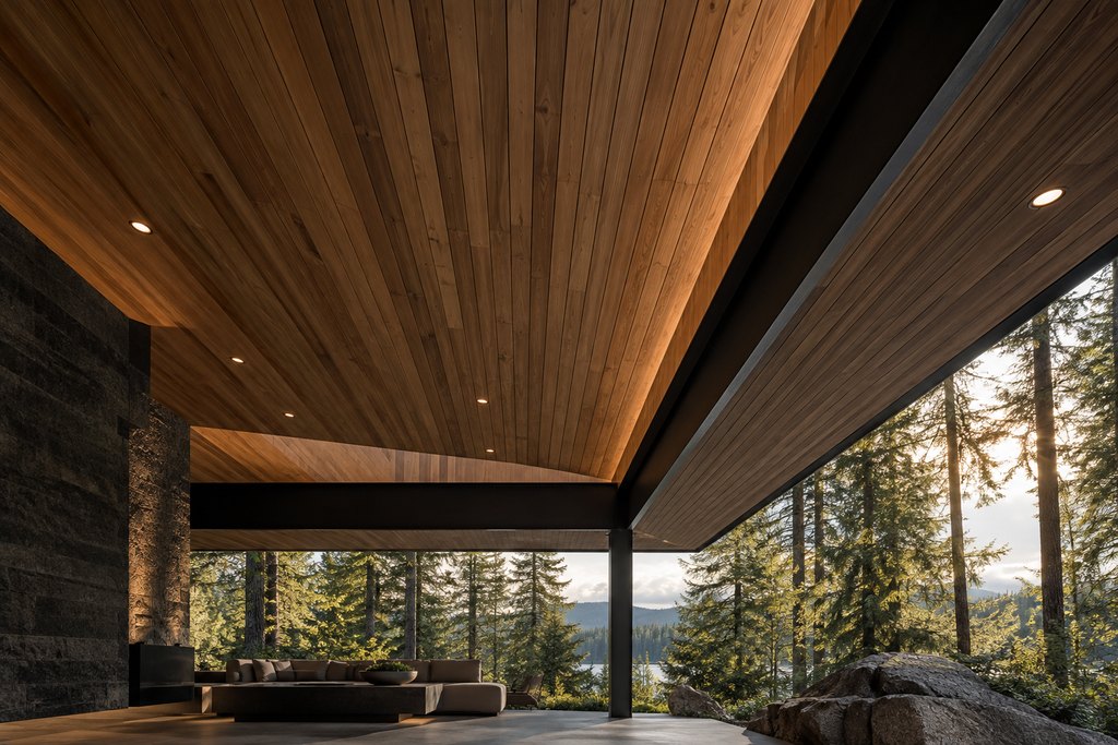 Wood ceiling planes and recessed lighting in a covered pavilion concept